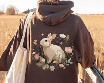 Starrycore Cottage Kaninchen Hoodie, Fairycore Woodland Bunny Sweatshirt, Vintage Forest Top, Pullover oder Zip Up Hoodie