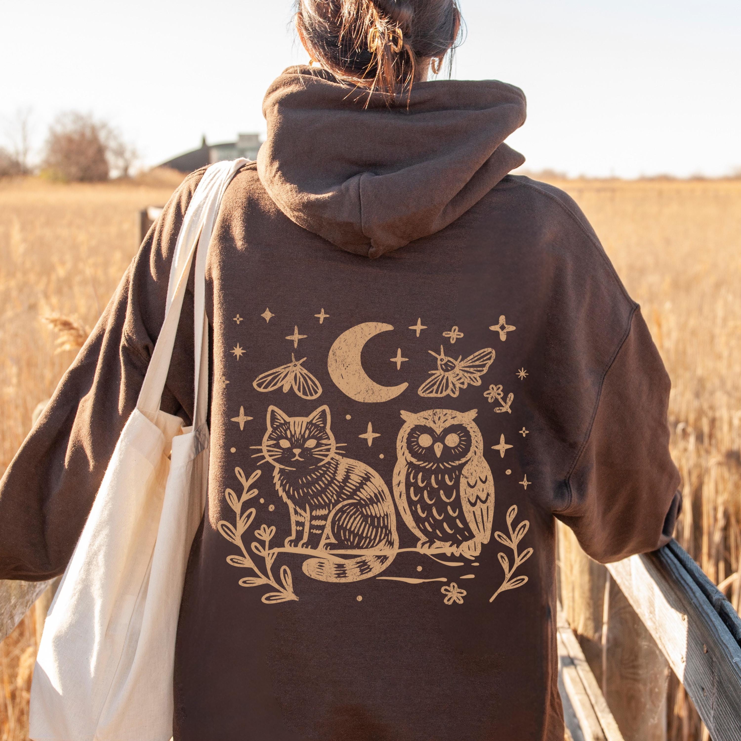 Woodlands Cat And Owl Hoodie, Cat And Owl Hoodie, Forest Animal Sweatshirt, Cottagecore Hoodie, Pull
