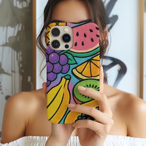 Y2K Obstsalat Handyhülle, Helle Kawaii Banane, Kiwi, und Traube Art, Retro Neon Pop Style, iPhone 16 15 14 13 12 11 8 Plus Pro Max Mini