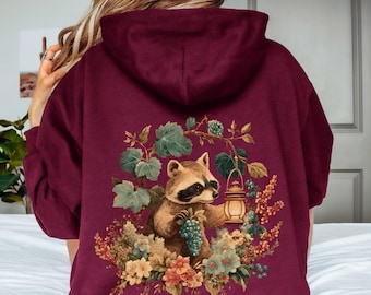 Forestcore Vintage Raccoon Hoodie, Woodland Raccoon Hoodie, Cozy Fall Hoodie, Cottagecore Animal Hoodie,  Pullover Or Zip Up Hoodie