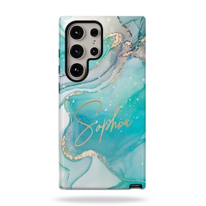Personalized Jade And Gold Watercolor Marble Phone Case, Custom Name Phone Cover, Gift for Her, Samsung Galaxy S23 S24 S25 Plus Ultra