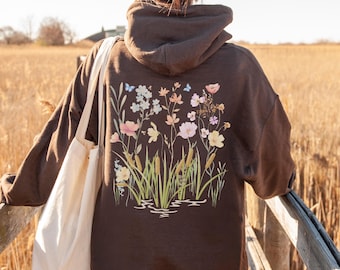 Rohrkolben und Wildblumen Botanischer Hoodie, Cottagecore Blumen Hoodie, Naturdruck Hoodie, Pflanzenliebhaber Geschenk, Pullover oder Zip Up Hoodie