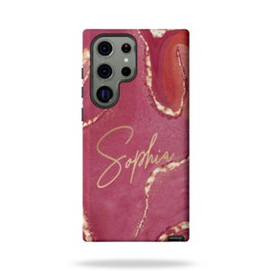 Personalized Raspberry And Gold Watercolor Marble Phone Case, Custom Name Phone Cover, Gift for Her, Samsung Galaxy S23 S24 S25 Plus Ultra