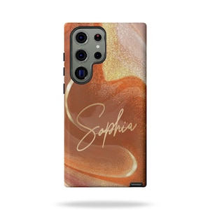 Personalized Ochre And Gold Watercolor Marble Phone Case, Custom Name Phone Cover, Gift for Her, Samsung Galaxy S23 S24 S25 Plus Ultra
