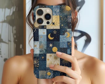 Celestial Denim Patchwork, Gold Stars Moons Quilt iPhone Case 16 15 14 13 12 11 Plus Pro Max, Samsung S23 S24 S25, Google Pixel 9 8 7 XL