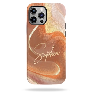 Personalized Ochre Gold Watercolor Marble Phone Case, Custom Name Phone Cover, Gift for Her, iPhone 16 15 14 13 12 11 8 Plus Pro Max Mini