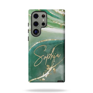 Personalized Aqua and Gold Watercolor Marble Phone Case, Custom Name Phone Cover, Gift for Her, Samsung Galaxy S23 S24 S25 Plus Ultra