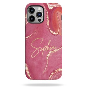 Personalized Raspberry Gold Watercolor Marble Phone Case, Custom Name Phone Case, Gift for Her, iPhone 16 15 14 13 12 11 8 Plus Pro Max Mini