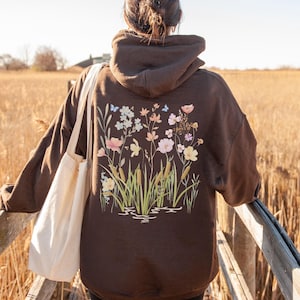 Cattails and Wildflowers Botanical Hoodie, Cottagecore Hoodie, Floral Hoodie, Nature Lover Hoodie, Plant Lover Hoodie, Gift for Her