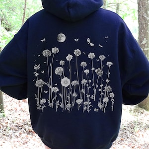 Moonlit Wildflower Botanical Full Moon Hoodie, Floral Hoodie, Cottagecore Hoodie, B&W Cinema Look Floral Hoodie, Plant Lover Hoodie