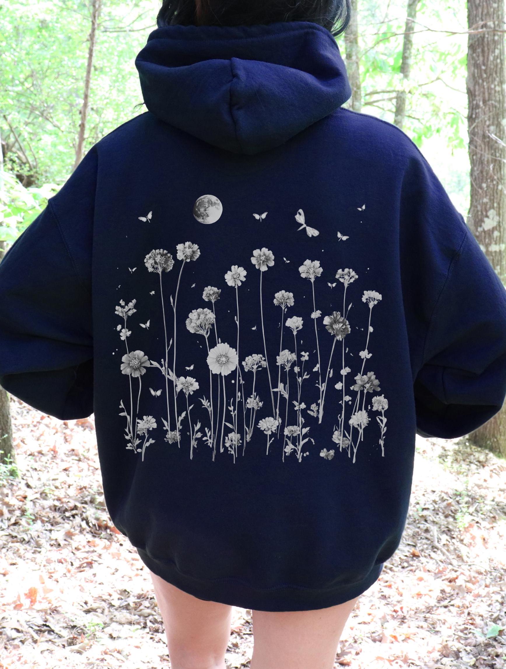 Moonlit Wildflower Botanical Full Moon Hoodie, Floral Hoodie, Cottagecore Hoodie, B&W Cinema Look Floral Hoodie, Plant Lover Hoodie