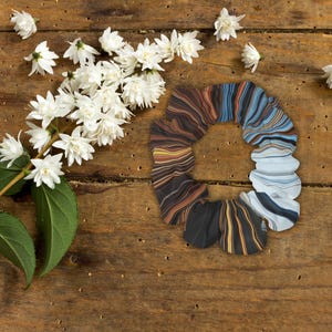 Boho Brown & Blue Striped Hair Scrunchie – Earthy Minimalist Hair Accessory