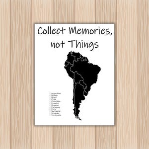 Póster de lista de deseos para viajeros con mapa de Sudamérica: regalo inspirador para aventureros.