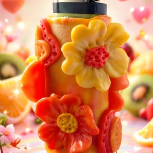 May include: A decorative lighter featuring a floral design. The lighter is decorated with orange and yellow flowers and accents. The word "swan" is visible on the lighter. The background includes fruit and a pink, glittery surface.