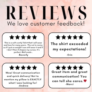 May include: Image showing customer reviews against a pink watercolour backdrop. The word "REVIEWS" is at the top, followed by "We love customer feedback!". Four customer reviews are displayed, each with a five-star rating and a short testimonial.