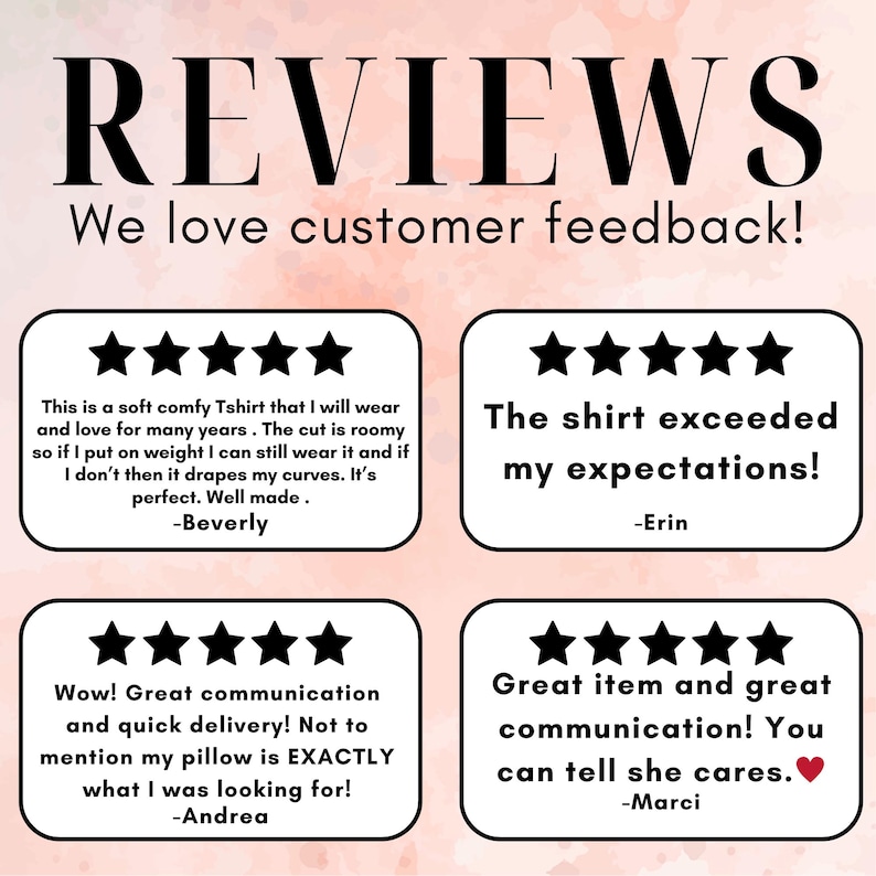 May include: Image showing customer reviews against a pink watercolour backdrop. The word "REVIEWS" is at the top, followed by "We love customer feedback!". Four customer reviews are displayed, each with a five-star rating and a short testimonial.