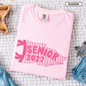 May include: A light pink t-shirt featuring a dark pink pennant graphic with vertical stripes. The text inside the pennant reads SENIOR 2027, and the text below reads CUSTOM SCHOOL. The shirt has a Comfort Colors brand label at the neck with size M.