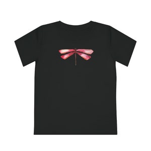 May include: Black t-shirt with a pink watercolor dragonfly design.