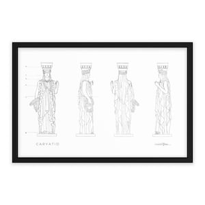 Puede incluir: Dibujo de línea de una Cariátide, una figura femenina utilizada como columna de apoyo en la arquitectura griega antigua. El dibujo muestra la figura desde tres ángulos diferentes.
