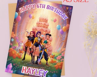 Kpop Demon Hunters Personalised Birthday Card. Custom Name & Age. Colouring page