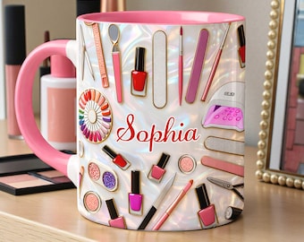 Benutzerdefinierte 2D Flache Nagel Künstler Keramikbecher, Nagelstudio Werkzeuge Keramikbecher, nettes Geschenk für Nageltechniker, Nagel Künstler Becher, Nagelstudio Werkzeuge Geschenk