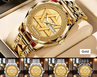 Gepersonaliseerde Davidster kunsthorloge, aangepast joods horloge, Hebreeuws geloofscadeau voor mannen, joods jubileumcadeau, joods cadeau voor mannen