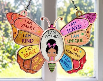 Personalisierte Schmetterling Affirmation Acryl Suncatcher, Ich bin Smart Kind Brave Dekor, positive Affirmation Fenster hängend