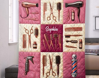 Benutzerdefinierte Friseur Quilt Decke, Friseur Thema Decke, Professionelle Friseur Geschenk Decke, Salon Dekor Quilt, Friseur Liebhaber Geschenk