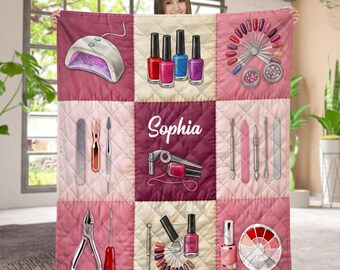 Personalisierter Nagelstudio Quilt Überwurf, Nagel Künstler Werkzeuge Decke, Name Nail Tech Geschenk, Beauty Lover Quilt, Nagel Künstler Quilt Decke