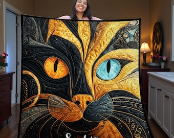 Kundenspezifische Katzenquilt-Decke mit vibrierenden Augen, Katzenliebhaber- und Haustierbesitzer-Quilt-Decke, individuelles Geschenk für Frauen, Mütter und Katzenliebhaber