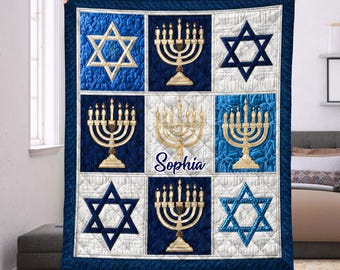 Personalisierte Chanukka Quilt Decke, Jejuda Wohnkultur, Personalisierte Jüdische Menorah Quilt, Davidstern Quilt Decke