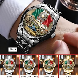 May include: A silver wristwatch with a detailed face featuring an Italian flag, a star, and a Roman Colosseum illustration. The watch has a black band and the name "JOHNSON" is visible on the face. The date is displayed as "SUN 8".