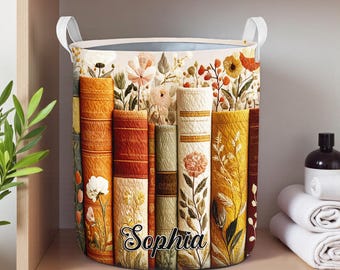 Personalisierter Buchliebhaber Wäschekorb, Vintage Floral Bücher Aufbewahrungskorb, Bookish Wohnkultur Geschenk, benutzerdefinierte Buchliebhaber Wohnkultur