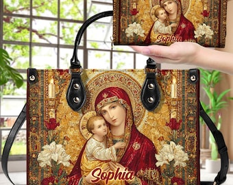 Benutzerdefinierte Jungfrau Maria hält Jesus Baby Leder Handtasche Set, christlich-katholische Tasche und Brieftasche, Mutter Maria religiöse Tasche, Glaubensgeschenk für Frauen