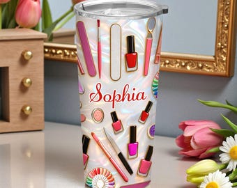 Nageltechniker-Liebhaber-dünner Becher 20 Unzen, personalisierter Nagel-Künstler-Reisebecher, Nagelstudio-Werkzeug-Trinkgefäß, Manikürist-Geschenk