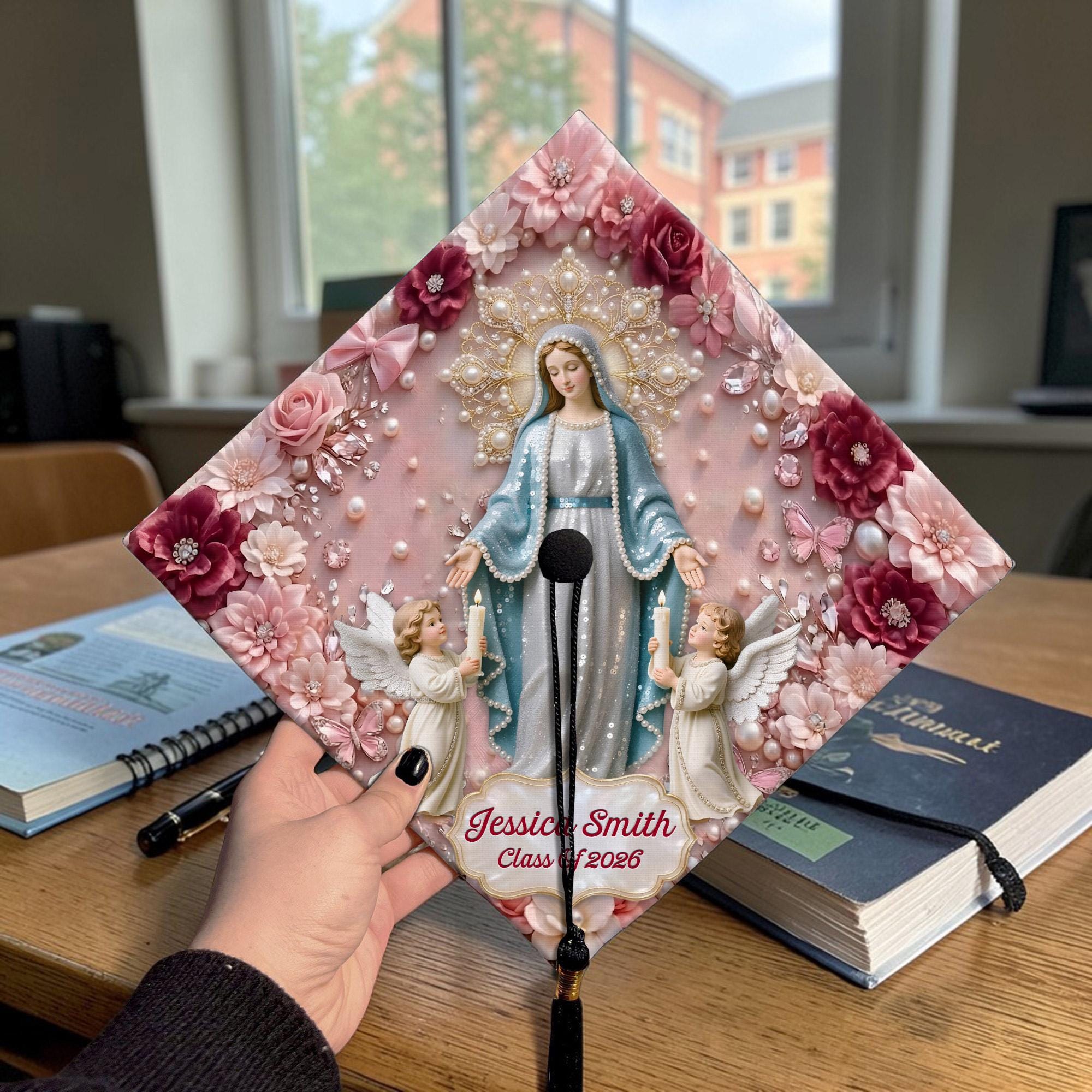 Custom 2D Flat Catholic Graduation Cap, Virgin Mary Design Grad Cap ...