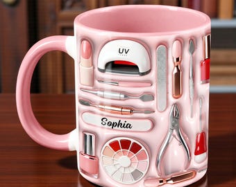 2D Flache Nagel Tech Liebhaber Becher, Maniküre-Werkzeuge Becher, personalisierte Nagel Künstler Kaffeetasse, Nagelstudio-Werkzeuge Becher, Geschenk für Nagel Künstler / Manikürist