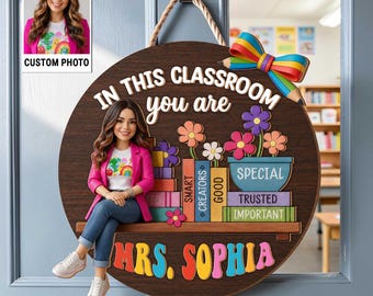 Personalized Photo Teacher Classroom Wood Door Sign, Custom Photo Teacher Gift, Classroom Decor, Back to School Gift, Teacher Name Sign