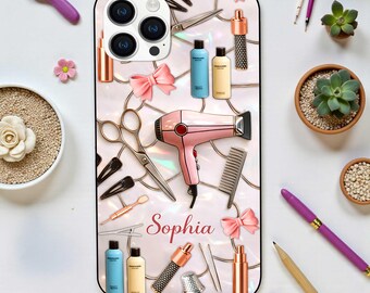 Hair Salon Aesthetic Phone Case, personalisiertes Beauty-Tools-Design, benutzerdefinierte Telefonhülle für Friseure, Beauty Hair Stylist & Nail Art Case