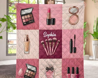 Make-up-Liebhaber-personalisierte Quilt-Decke, benutzerdefinierte Beauty-Tools-Überwurf, Geschenk für Make-up Artist, personalisierte Kosmetik-Quilt-Decke