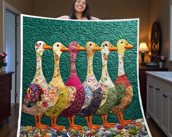 Manta de patos de colores con nombre personalizado – Diseño patchwork de ganso – Regalo personalizado perfecto para amantes de los patos y familias