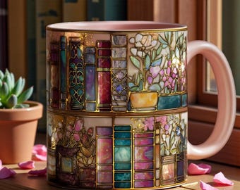 Taza con vitrales falsos, libros y flores, taza de café de cerámica literaria, regalo para amantes de los libros, taza acogedora para leer, diseño floral de biblioteca.