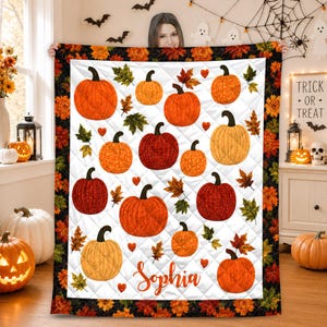 Individuell gestaltete Kürbis-Herbstdecke, Herbstüberwurf mit Herbstblättern, gemütliches Geschenk für Halloween und Thanksgiving, Kürbis-Herbst- und Halloween-Dekoration