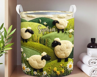 Custom Sheep Meadow Laundry Hamper, Adorable Farm Sheep Storage Basket, Personalized Sheep Farm Art Laundry Basket