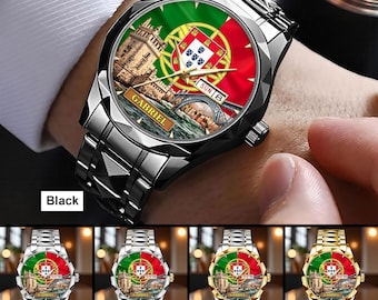 Montre personnalisée à cadran portugaise, nom personnalisé design Lisbonne Porto, cadeau Portugal pour homme, montre souvenir de voyage