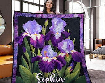 Iris Flower Quilt Blanket, Iris Quilt Blanket, Iris Lover Gift, Flower Blanket Gift, Purple Iris Blanket, Iris Quilt Throw