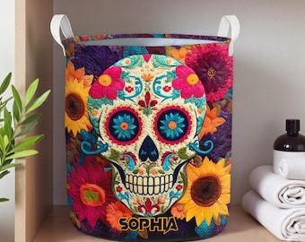 Zuckerschädel-Wäschekorb, personalisierter Blumenschädel-Aufbewahrungskorb, Boho-Schädel-Wohnkultur, personalisierter Blumenzuckerschädel-Korb