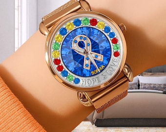 Personalisierte Autismus Bewusstsein Uhr, Birthstone Kreuz Armbanduhr, Hoffnung Liebe Glaube Schmuck, Autismus Geschenk für Frauen
