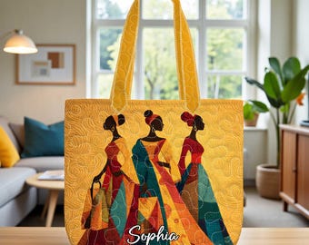 Afrikanische Frauen Silhouette gesteppte Tasche, personalisierte wiederverwendbare bunte schwarze Frauenkunsttasche, bunte afrikanische Dame gesteppte Tasche