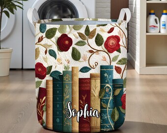 Blumen-Rosen-Blumen-Buchkunst-Wäschekorb, Stoffkorb der botanischen Bibliothek, personalisierter Aufbewahrungsbehälter für Buchliebhaber